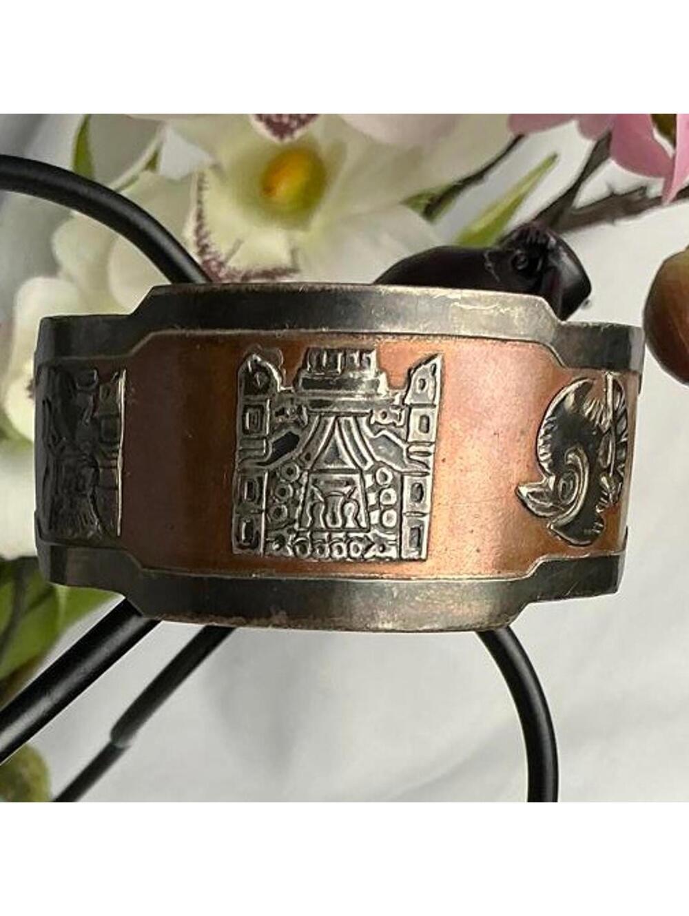 Vintage Peruvian Aztec or Pre-Columbian Mexican 925 Silver Copper Cuff Bracelet